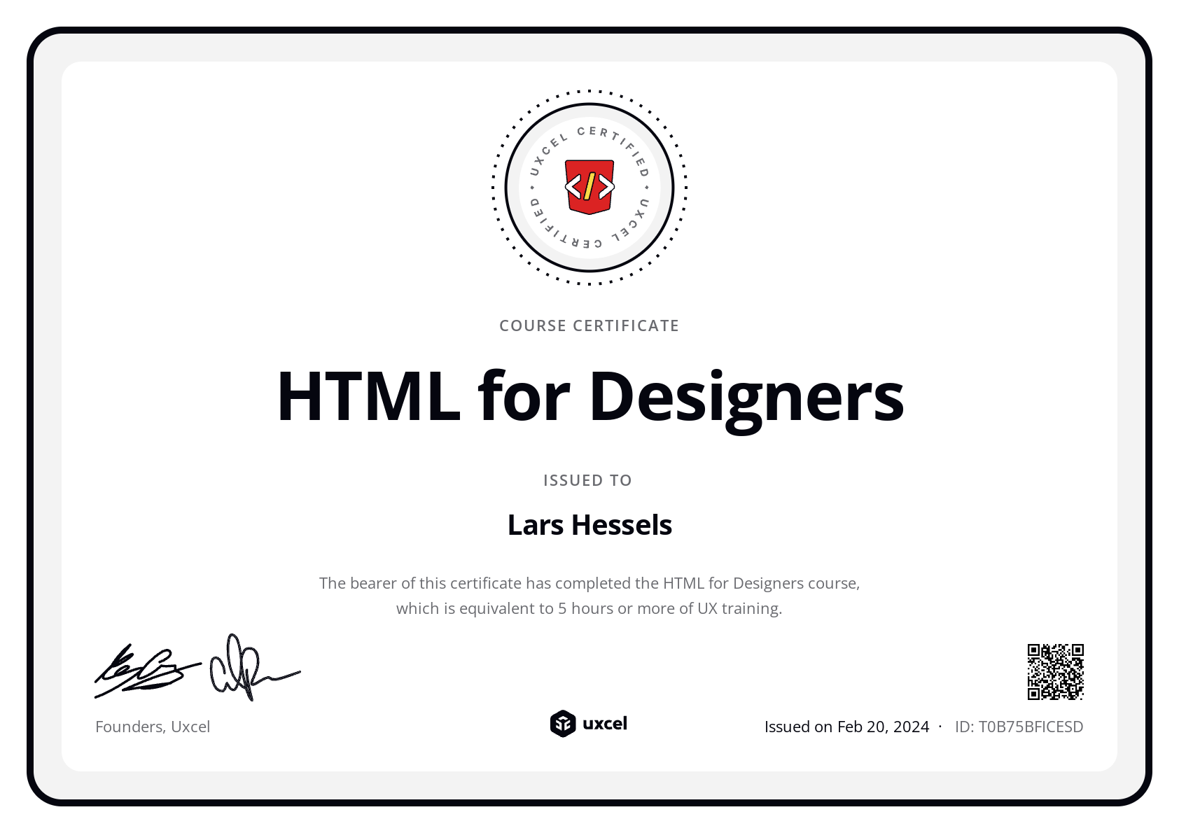 Lars Hessels's certificate